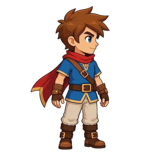 The Icon character in a blue tunic with a red cape scarf