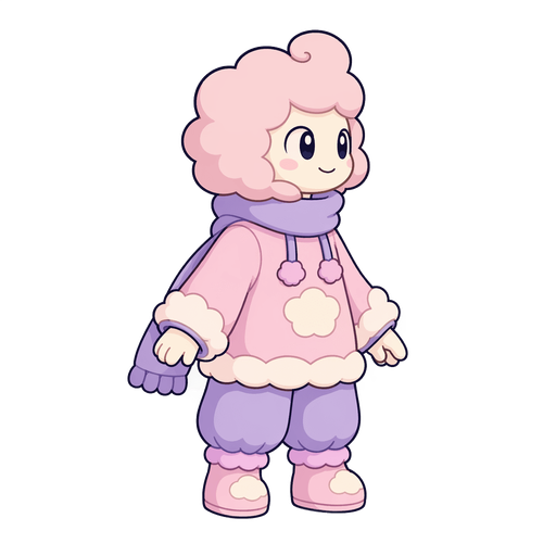 The Soft One character in a fluffy pink winter outfit