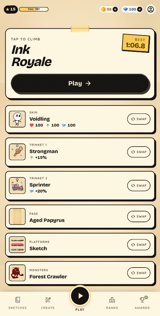 Ink Royale play screen with equipped Inklet, trinkets, page, platforms, and monsters